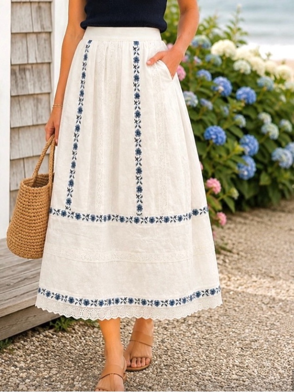 Caroline Constas linen embroidered lace midi skirt cream blue size L